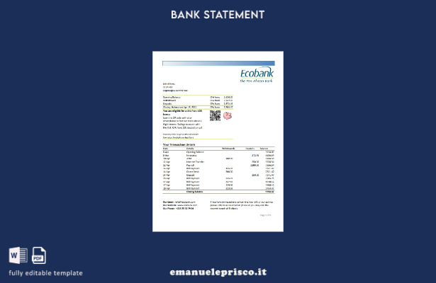 modello Excel di estratto conto bancario Burkina Faso Ecobank in stile verificat